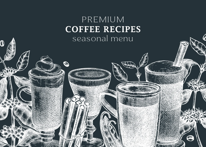 Hand-sketched coffee banner template on chalkboard. Vector sketches of mugs with aromatic caffeine drinks. With botanical coffee plants, leaves and beans in vintage style. Vector beverages design